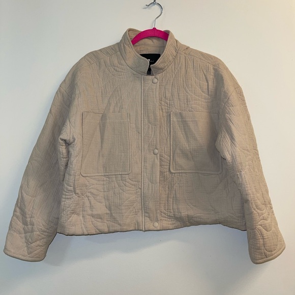 7 For All Mankind Floral Quilted Zip Up Cropped Lightweight Neutral Jacket Large - Picture 2 of 8